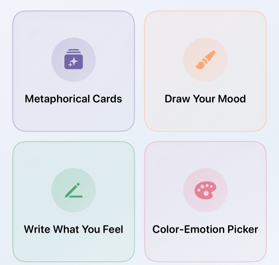 FeelEase entry points: cards, drawing, writing, and short practices